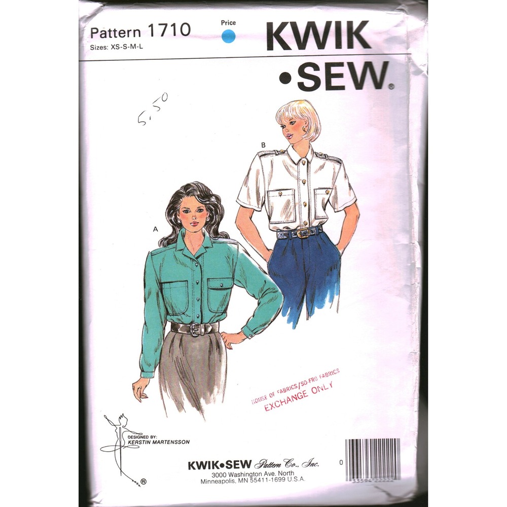 Vintage Kwik Sew 1710 Misses Shirt Sewing Pattern Kerstin Martensson 1987 XS-M